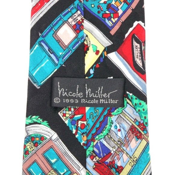 NICOLE MILLER Vintage 90s Christmas Windows Holiday Men's Silk Neck Tie - Picture 3 of 3